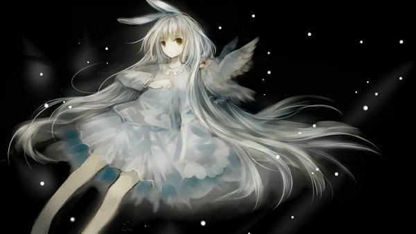 Anime picture 1000x564 with original hanchan single long hair looking at viewer simple background wide image brown eyes animal ears white hair bunny ears black background snowing girl dress animal bird (birds)