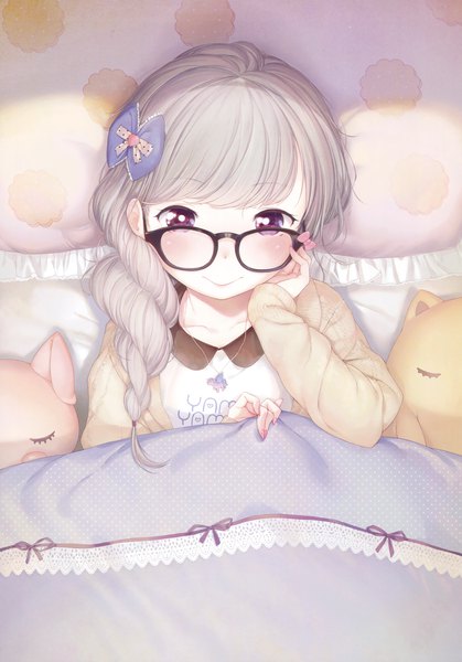Anime picture 2304x3300 with original henreader single long hair tall image looking at viewer blush fringe highres smile purple eyes silver hair upper body lying braid (braids) from above on back single braid asymmetrical hair adjusting glasses