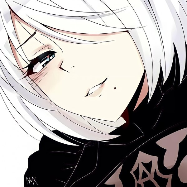 Anime-Bild 2160x2160 mit nier nier:automata yorha no. 2 type b nmx (nyanmix) single looking at viewer blush fringe highres short hair blue eyes smile signed white hair hair over one eye mole close-up face mole under mouth girl