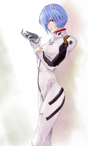 Anime picture 622x1024 with neon genesis evangelion gainax ayanami rei ogros single tall image looking at viewer fringe short hair red eyes standing blue hair hair over one eye girl gloves bodysuit
