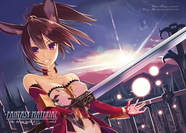 Anime picture 1120x800 with original taletale single long hair looking at viewer smile brown hair purple eyes bare shoulders sky ponytail lens flare girl dress gloves weapon sword elbow gloves