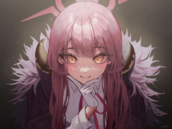 Anime picture 2224x1668 with blue archive aru (blue archive) iyu (1yu x) single long hair blush fringe highres smile yellow eyes pink hair upper body horn (horns) girl gloves white gloves halo