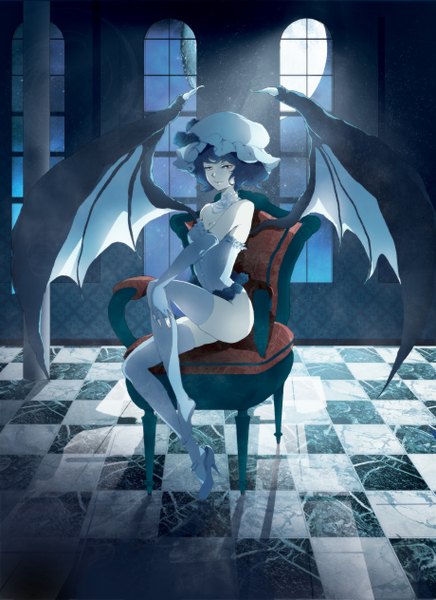 Anime picture 1839x2528 with touhou remilia scarlet maryo single tall image looking at viewer fringe highres short hair light erotic red eyes bare shoulders blue hair indoors light smile night leg lift (legs lift) checkered floor bat wings shoe dangle