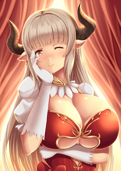 Anime picture 700x988 with granblue fantasy alicia (granblue fantasy) zukky single long hair tall image looking at viewer fringe breasts light erotic smile red eyes standing payot silver hair upper body blunt bangs head tilt one eye closed horn (horns)