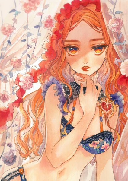 Anime picture 2894x4093 with original remon (10112) single long hair tall image looking at viewer highres light erotic parted lips orange hair orange eyes lipstick floral print shaded face red lipstick traditional media watercolor (medium) girl flower (flowers) lingerie
