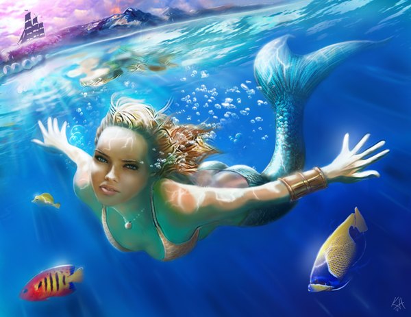 Anime picture 3300x2550 with original tagme (artist) long hair looking at viewer highres blue eyes light erotic blonde hair absurdres ass realistic underwater fish tail girl water bracelet sea fish (fishes) watercraft ship