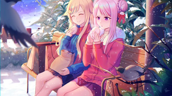Anime picture 3000x1688 with virtual youtuber himehina channel suzuki hina tanaka hime pos2457564744 long hair blush highres blonde hair smile wide image sitting purple eyes multiple girls looking away pink hair outdoors braid (braids) eyes closed head tilt