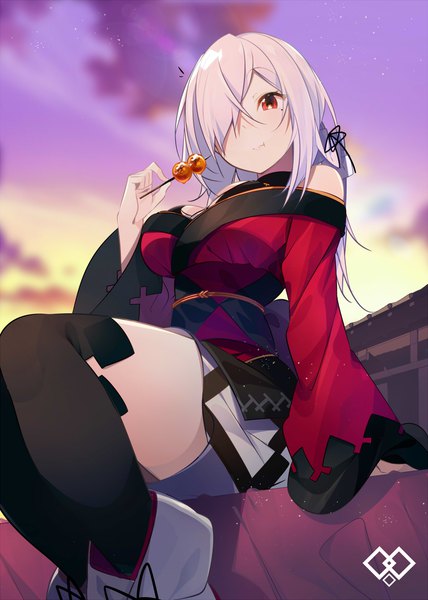 Anime picture 1000x1402 with original doumeki (benio) benio (dontsugel) single long hair tall image breasts light erotic red eyes large breasts holding pink hair sky outdoors traditional clothes japanese clothes arm up wide sleeves arm support eating