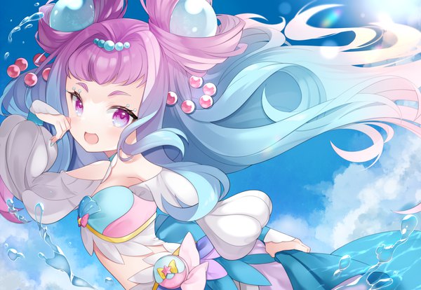 Anime picture 2000x1379 with precure tropical-rouge! precure toei animation laura (precure) cure la mer yuni (irohasuiroiro) single long hair looking at viewer highres open mouth purple eyes blue hair sky purple hair cloud (clouds) :d arm up gradient hair magical girl