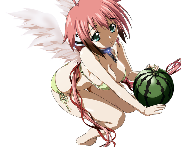 Anime picture 3500x2850 with sora no otoshimono ikaros single looking at viewer highres breasts light erotic large breasts twintails green eyes pink hair absurdres cleavage ahoge very long hair multicolored hair barefoot light smile two-tone hair bare legs