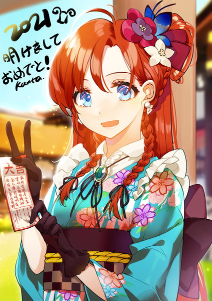 Anime picture 2480x3508 with touhou hong meiling kanta (pixiv9296614) single long hair tall image highres open mouth blue eyes signed upper body red hair braid (braids) traditional clothes :d japanese clothes victory new year happy new year 2021