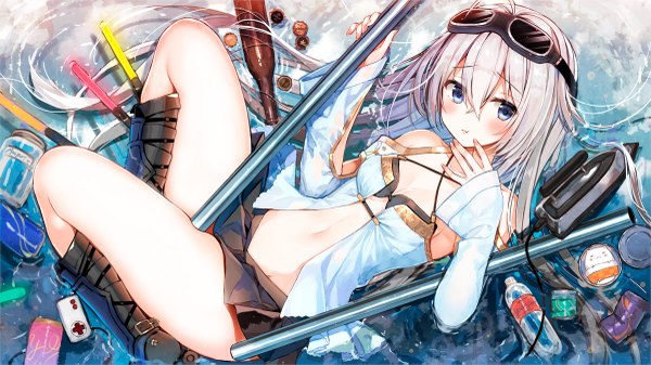 Anime picture 1200x675 with virtual youtuber tenmoku doushin project sorae (tenmoku doushin project) yadapot single long hair looking at viewer blush fringe breasts blue eyes light erotic hair between eyes wide image bare shoulders silver hair ahoge bent knee (knees) lying pleated skirt