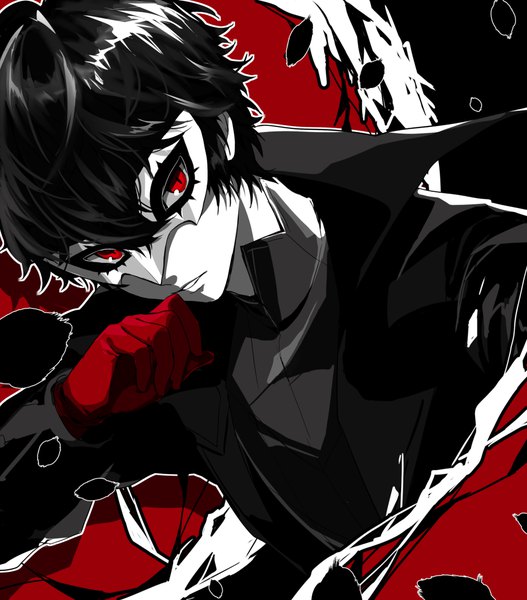Anime picture 1042x1186 with persona 5 persona amamiya ren shinotarou (nagunaguex) single tall image fringe short hair hair between eyes red eyes upper body monochrome spot color boy gloves mask red gloves