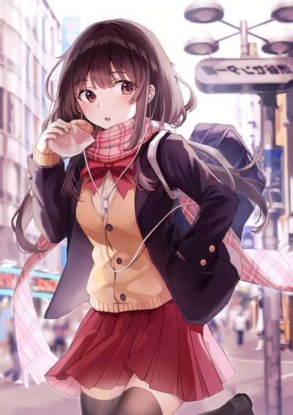 Anime picture 870x1230 with original rangu single long hair tall image blush fringe hair between eyes brown hair holding brown eyes looking away bent knee (knees) outdoors long sleeves nail polish pleated skirt arm up blurry open jacket