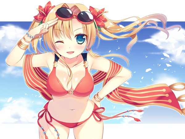 Anime picture 1000x750 with granblue fantasy zeta (granblue fantasy) sumisaki yuzuna single long hair looking at viewer blush open mouth blue eyes light erotic blonde hair twintails one eye closed hair flower wink girl navel flower (flowers) swimsuit bikini