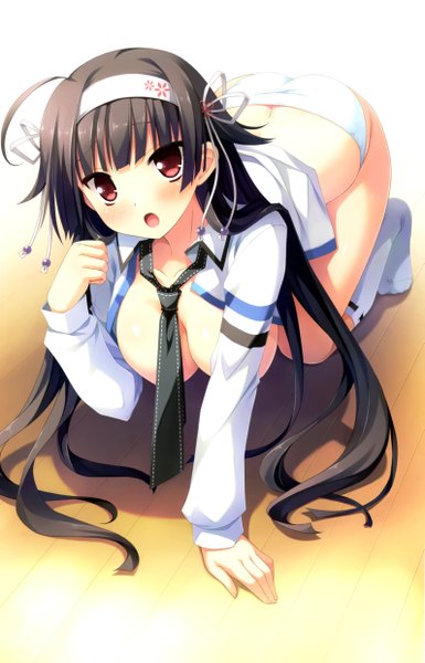 Anime picture 3179x4956 with imouto no okage de mote sugite yabai toshima maina ikegami akane single long hair tall image looking at viewer blush highres open mouth light erotic black hair red eyes absurdres scan open clothes open shirt girl underwear panties