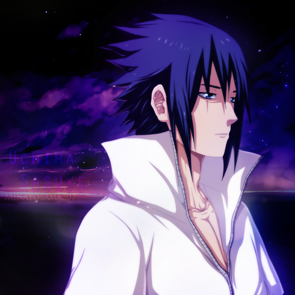 Anime picture 1000x1000 with naruto studio pierrot naruto (series) uchiha sasuke minatosama207 single short hair blue eyes blue hair cloud (clouds) inscription night sky coloring boy star (stars)