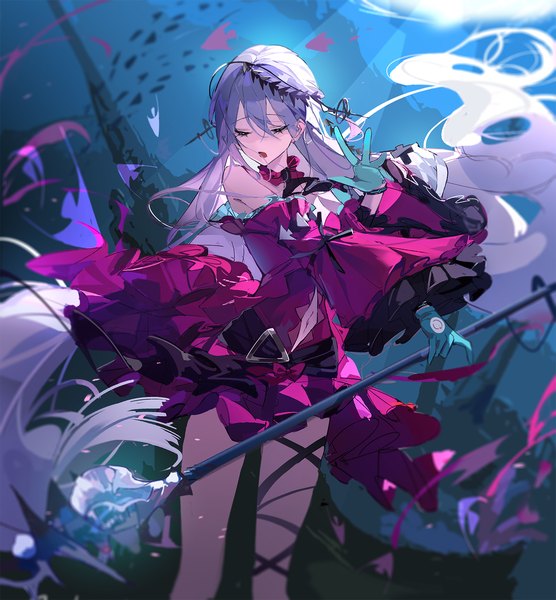 Anime picture 1600x1728 with arknights skadi (arknights) skadi the corrupting heart (arknights) taiz22 single tall image fringe open mouth hair between eyes silver hair eyes closed very long hair bare belly floating hair official alternate costume underwater girl dress gloves navel