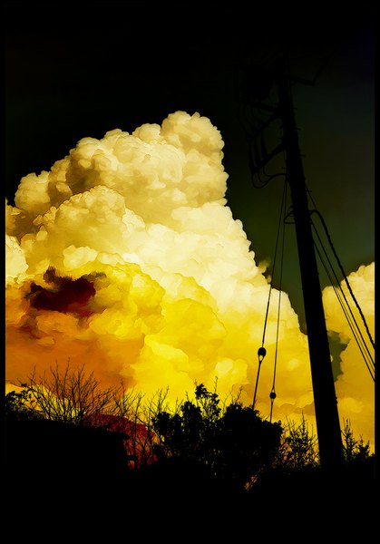 Anime picture 713x1020 with original sarugetty (artist) tall image sky cloud (clouds) no people landscape plant (plants) power lines