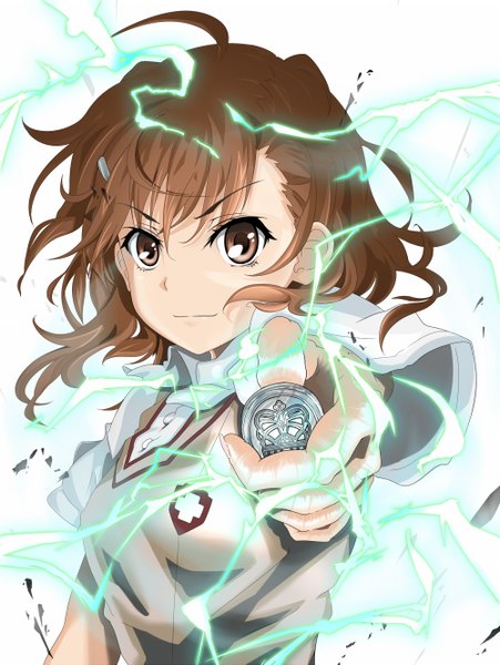 Anime picture 1000x1329 with to aru kagaku no railgun j.c. staff misaka mikoto wafoo (artist) single tall image looking at viewer fringe short hair simple background smile hair between eyes brown hair white background brown eyes upper body short sleeves outstretched arm smirk lightning