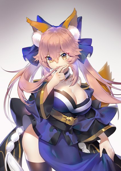 Anime picture 650x919 with fate (series) fate/grand order fate/extra fate/extra ccc tamamo (fate) (all) tamamo no mae (fate) balusah single long hair tall image looking at viewer blush fringe breasts light erotic simple background hair between eyes large breasts twintails bare shoulders
