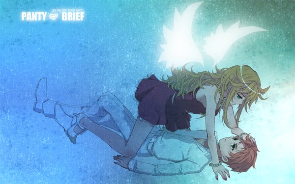 Anime picture 1920x1200 with panty & stocking with garterbelt anarchy panty rock briefers liusang long hair highres short hair blonde hair wide image green eyes aqua eyes orange hair couple girl dress boy shirt wings bracelet suit