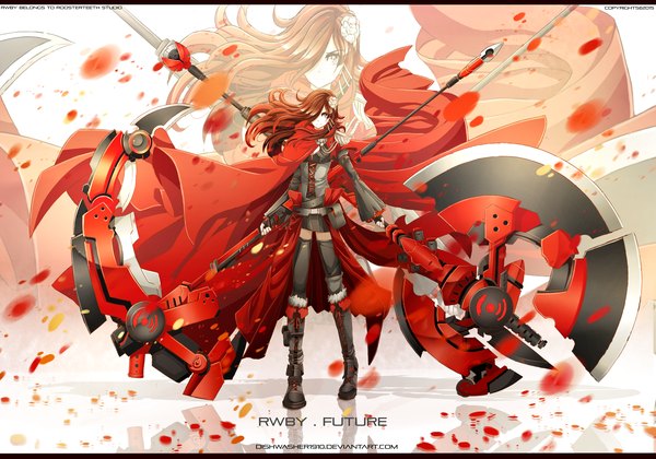 Anime picture 4000x2800 with rwby rooster teeth ruby rose dishwasher1910 single long hair looking at viewer fringe highres holding signed absurdres full body red hair hair flower blurry hair over one eye wide sleeves alternate costume zettai ryouiki