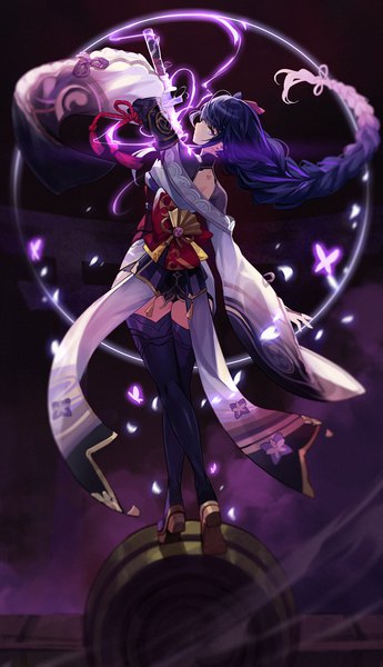 Anime picture 1005x1750 with genshin impact raiden shogun goomrrat single long hair tall image looking at viewer fringe standing purple eyes holding payot purple hair full body braid (braids) traditional clothes japanese clothes looking back arm up from behind