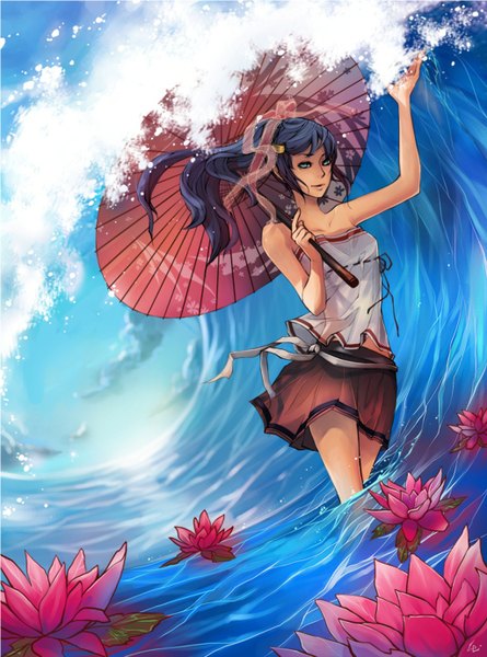 Anime picture 1024x1380 with original unodu single long hair tall image smile bare shoulders cloud (clouds) ponytail aqua eyes girl skirt hair ornament flower (flowers) ribbon (ribbons) bow hair bow hair ribbon water umbrella