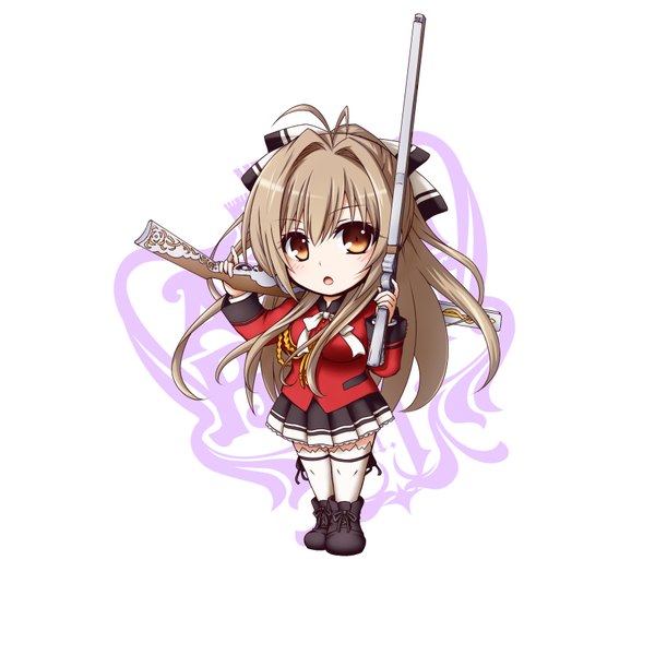 Anime picture 1736x1736 with amagi brilliant park kyoto animation sento isuzu kuena single long hair blush highres open mouth simple background brown hair white background brown eyes chibi girl thighhighs skirt weapon white thighhighs gun