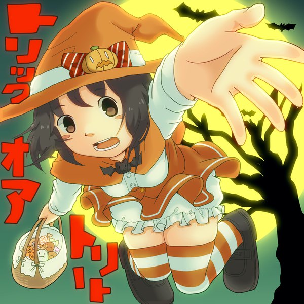 Anime picture 1280x1280 with original yutturi single looking at viewer short hair open mouth black hair brown eyes halloween bare tree midair blush stickers trick or treat girl thighhighs dress plant (plants) hat animal tree (trees)