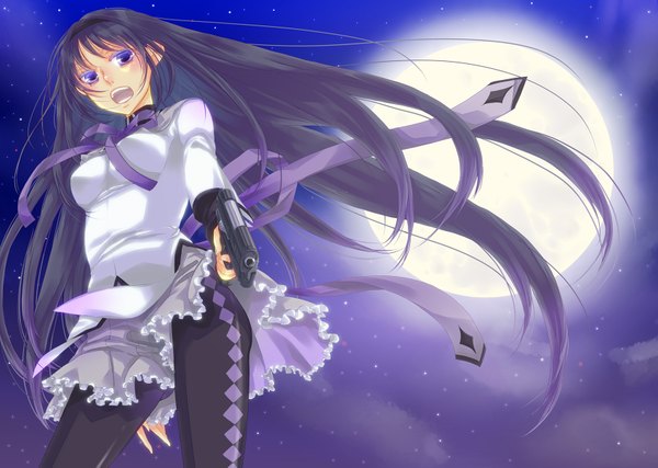 Anime picture 1693x1205 with mahou shoujo madoka magica shaft (studio) akemi homura long hair open mouth black hair purple eyes girl weapon pantyhose gun moon