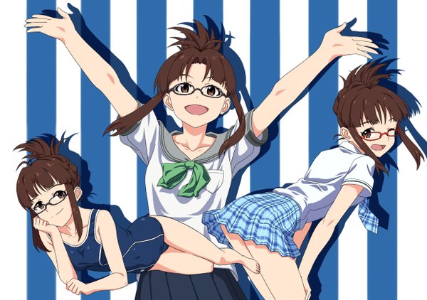 Anime picture 2480x1748 with idolmaster akizuki ritsuko kaimu (pixiv) highres open mouth light erotic smile brown hair multiple girls brown eyes one eye closed wink spread arms multiple persona rough time school girl skirt swimsuit glasses serafuku