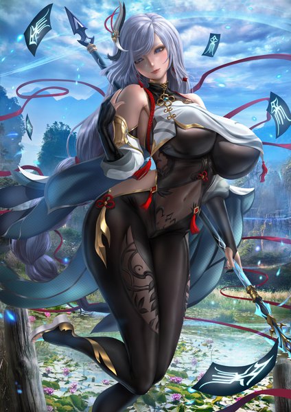Anime picture 5303x7500 with genshin impact shenhe (genshin impact) lexaiduer single long hair tall image looking at viewer fringe highres breasts blue eyes light erotic standing bare shoulders holding absurdres sky silver hair cloud (clouds) bent knee (knees)