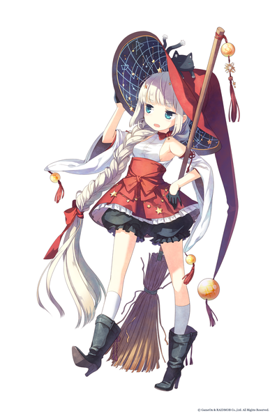 Anime picture 935x1413 with original h2so4 single long hair tall image blue eyes simple background white background white hair braid (braids) girl dress hat detached sleeves animal socks white socks cat witch hat
