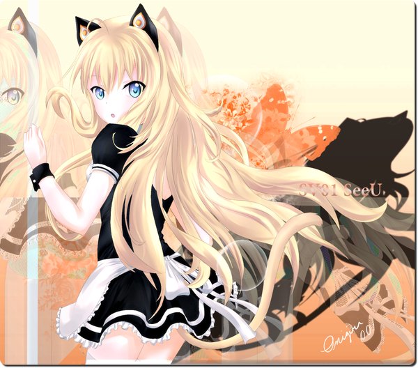 Anime picture 1139x1004 with vocaloid seeu onigiri001 single long hair blush open mouth blue eyes blonde hair animal ears tail animal tail cat ears shadow cat girl cat tail character names girl dress