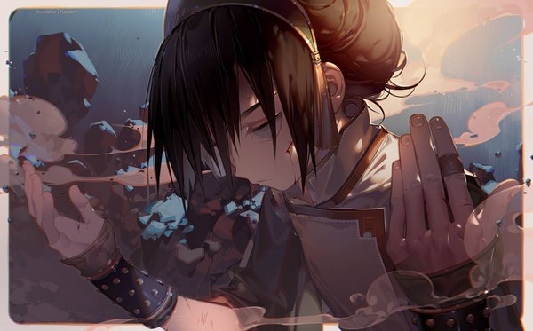 Anime picture 1024x637 with avatar: the last airbender nickelodeon toph beifong kawacy single fringe short hair black hair wide image signed looking away upper body traditional clothes hair bun (hair buns) border silver eyes injury dust cuts blind