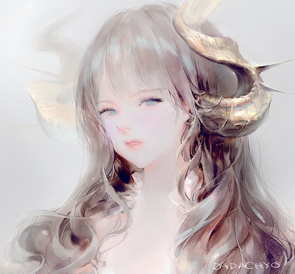 Anime picture 900x837 with original dadachyo single long hair looking at viewer blue eyes simple background signed parted lips horn (horns) grey hair grey background portrait girl