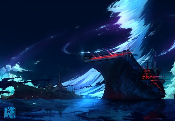Anime picture 1200x836 with original craft ghost highres sky cloud (clouds) landscape scenic water watercraft ship