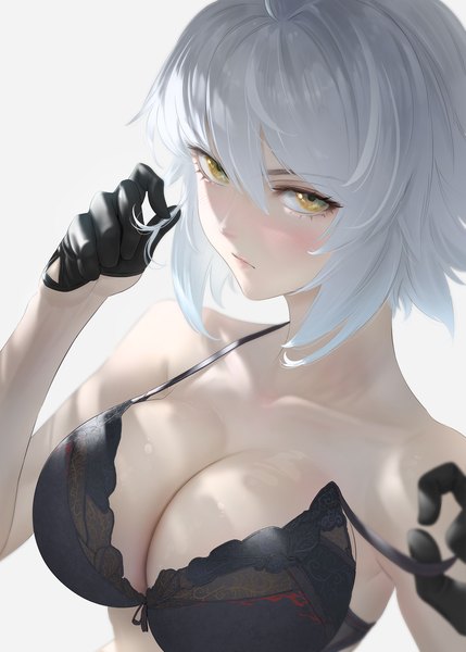 Anime picture 1287x1800 with fate (series) fate/grand order jeanne d'arc (fate) (all) jeanne d'arc alter (fate) imizu (nitro unknown) single tall image looking at viewer fringe short hair breasts light erotic simple background hair between eyes large breasts yellow eyes silver hair upper body grey background underwear only