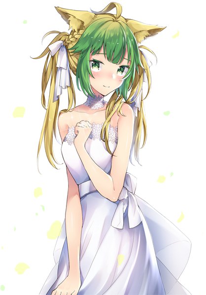 Anime picture 1151x1653 with fate (series) fate/grand order fate/apocrypha atalanta (fate) tanaka arumi single long hair tall image looking at viewer blush fringe blonde hair simple background smile hair between eyes standing white background bare shoulders green eyes animal ears