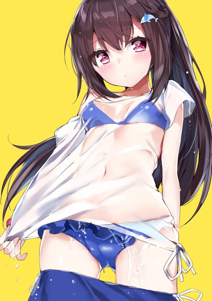 Anime picture 2893x4092 with original marin (kamioka shun'ya) kamioka shun'ya single long hair tall image looking at viewer blush fringe highres breasts light erotic simple background hair between eyes brown hair standing purple eyes payot ponytail from below