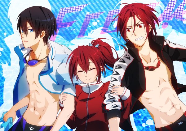 Anime picture 1200x848 with free! kyoto animation matsuoka rin nanase haruka (free!) matsuoka gou tierra818 short hair blue eyes black hair simple background smile red eyes brown hair ponytail red hair eyes closed open clothes open jacket multiple boys hug