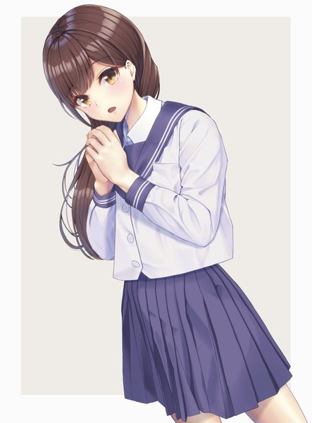 Anime picture 2590x3501 with original irise single long hair tall image looking at viewer blush fringe highres open mouth simple background brown hair standing yellow eyes long sleeves pleated skirt border hands clasped girl skirt