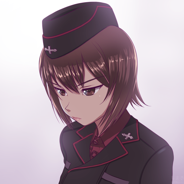 Anime picture 1024x1024 with girls und panzer nishizumi maho akagi (fmttps) single fringe short hair simple background hair between eyes brown hair brown eyes looking away upper body from above grey background military girl uniform military uniform field cap