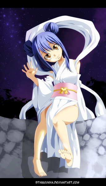 Anime picture 1879x3280 with fairy tail wendy marvell ironizer single long hair tall image highres smile brown eyes blue hair traditional clothes japanese clothes night hair bun (hair buns) loli night sky legs coloring letterboxed girl