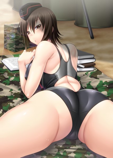 Anime picture 1000x1400 with girls und panzer nishizumi maho ayato single tall image blush short hair light erotic black hair brown eyes ass lying looking back on stomach girl swimsuit one-piece swimsuit competition swimsuit black swimsuit field cap