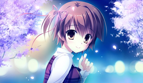 Anime picture 1024x600 with da capo iii hinomoto aoi takano yuki (allegro mistic) short hair smile brown hair wide image brown eyes game cg one side up cherry blossoms girl petals