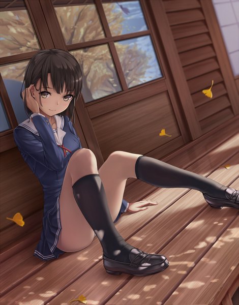 Anime picture 1500x1914 with saenai heroine no sodatekata a-1 pictures katou megumi kano sakurai single tall image looking at viewer blush fringe short hair light erotic black hair smile sitting yellow eyes bent knee (knees) indoors pleated skirt wind sunlight