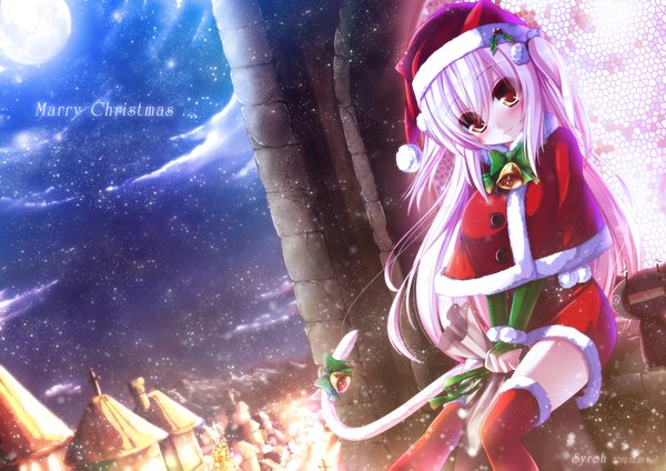 Anime picture 1920x1359 with original shia flatpaddy syroh single long hair blush highres animal ears yellow eyes pink hair cloud (clouds) cat ears cat tail dutch angle zettai ryouiki snowing christmas winter girl moon